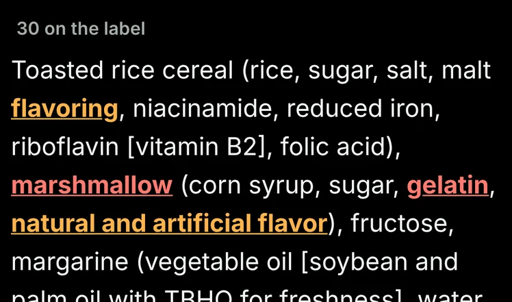 The Ingredients tab in Know Halal: the label as printed, with marshmallow and gelatin underlined in red and the flavors underlined in amber.